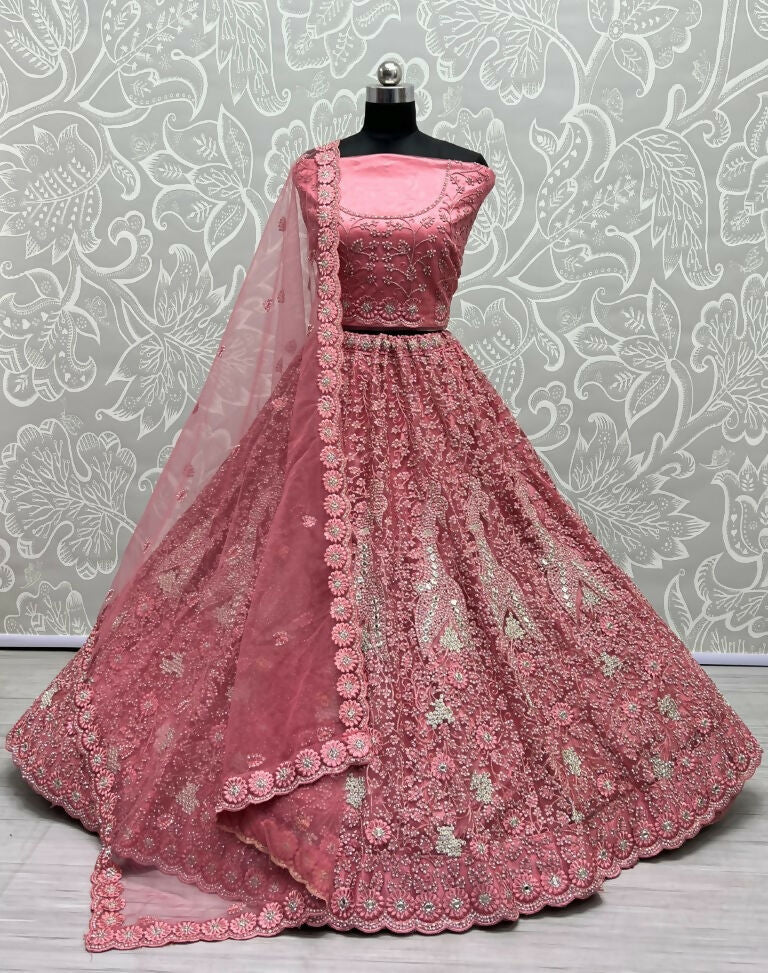 Jyoti Fashion Women's Pink Bridal Net Fancy Dori, Multi Thread, Hand Mirror and Diamond Work Wedding Lehenga Choli - Distacart