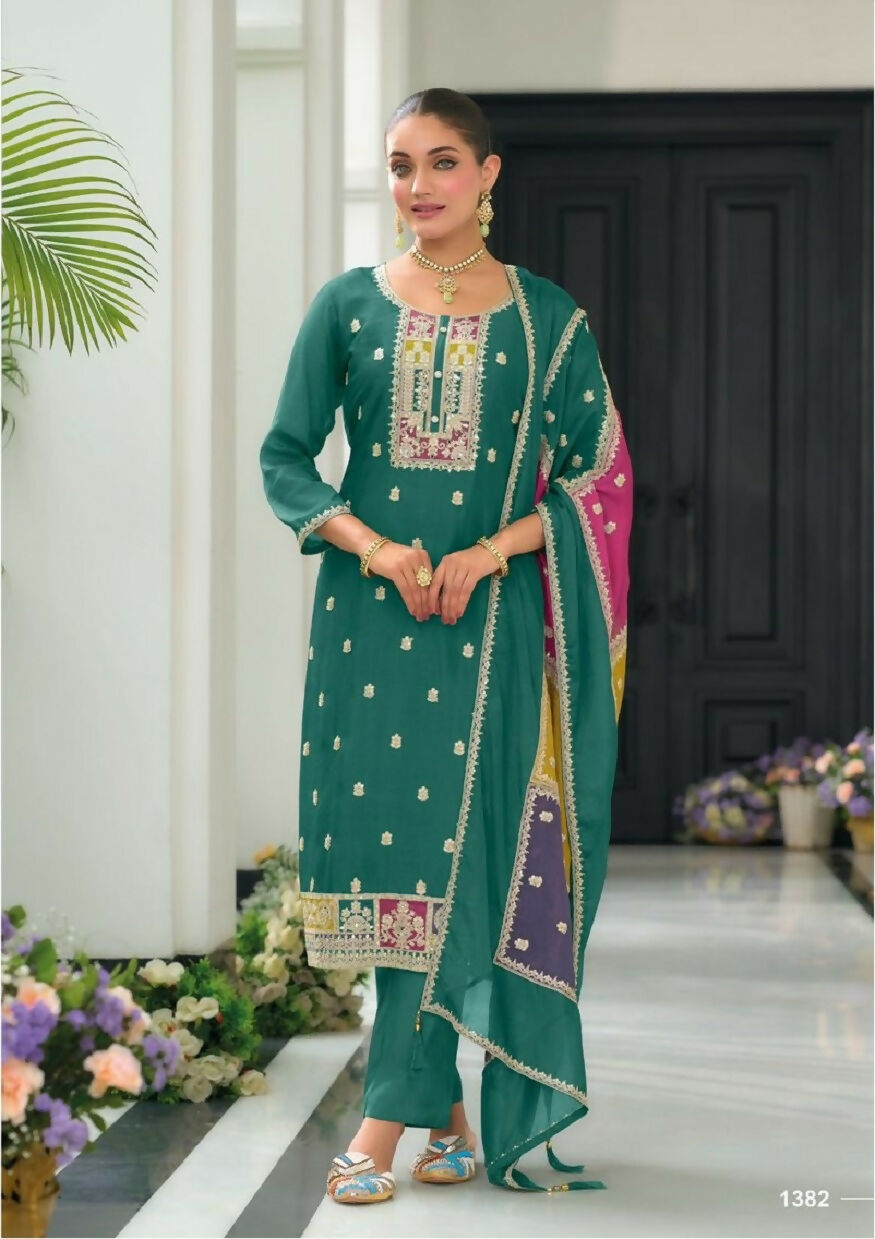 Teeya Creation Green Color Chinon Silk Embroidery Work Wedding Wear Designer Salwar Suit - Distacart