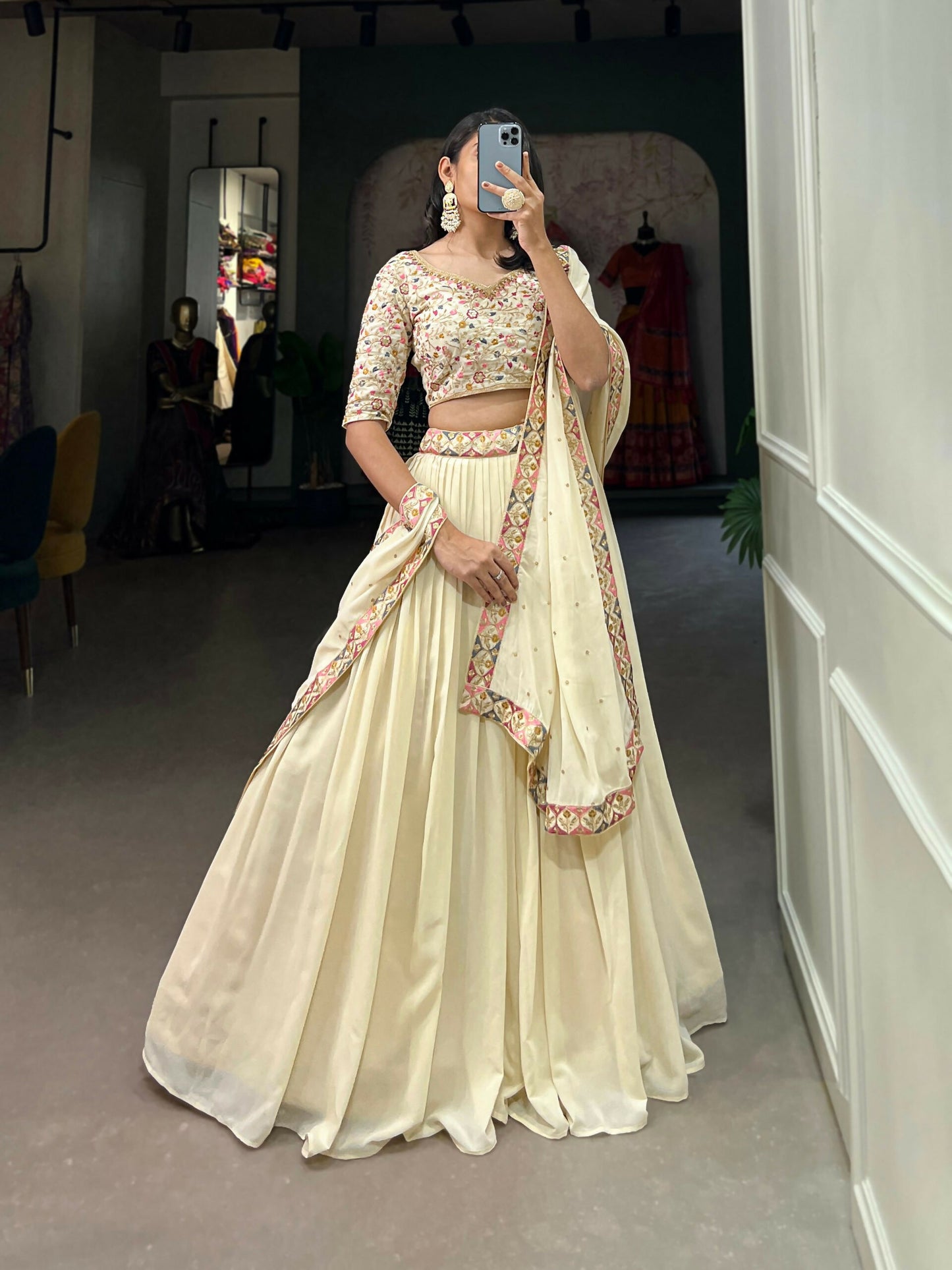 Vastranavya Exquisitely Sequins And Thread Embroidered Georgette Lehenga Choli - Off White - Distacart