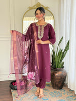 Thumbnail for The52 Wine Women's Gorgeous Rayon Fabric Embroidered Work Straight Kurta Pant and Dupatta Set - Distacart
