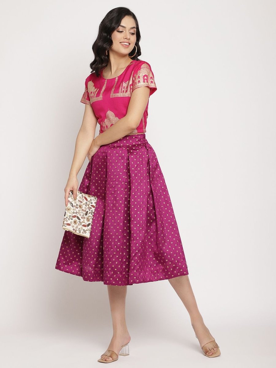 Ahalyaa Women's Pink Poly Silk Gold Foil Print Top with Skirt - Distacart