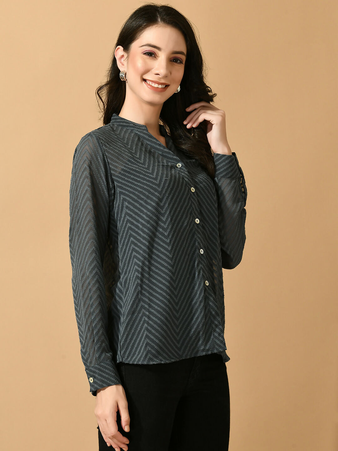 Myshka Women's Grey Georgette Solid Sheer Shirt - Distacart