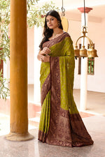 Thumbnail for Joban Fashion Grass Green Crepe Chiffon Pure Handloom Banarasi Silk Saree