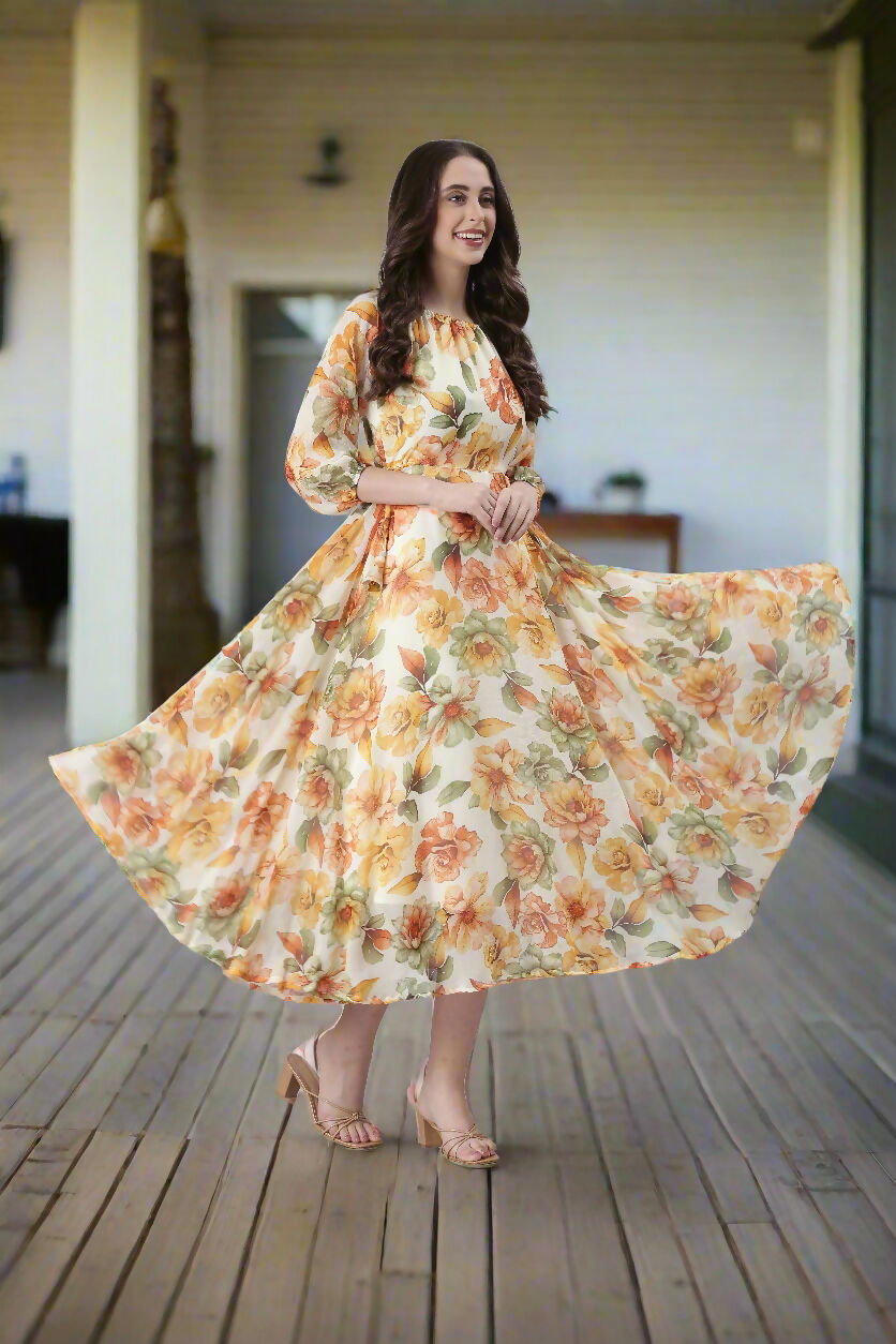 Souchii Cream Floral Chiffon Dress - Dista