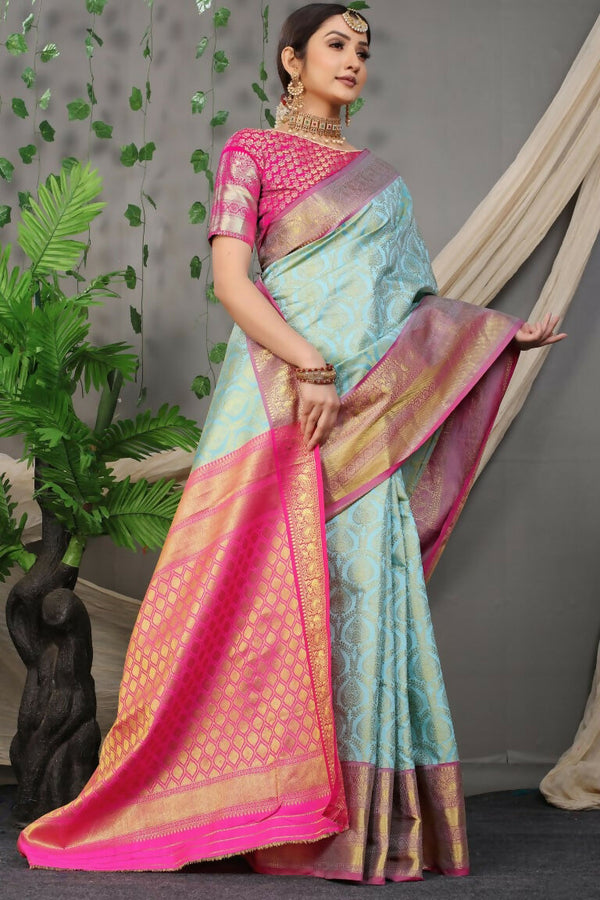 Jyoti Fashion Women's Sky Blue Kanjivaram Silk Zari Woven Saree with Blouse - Distacart