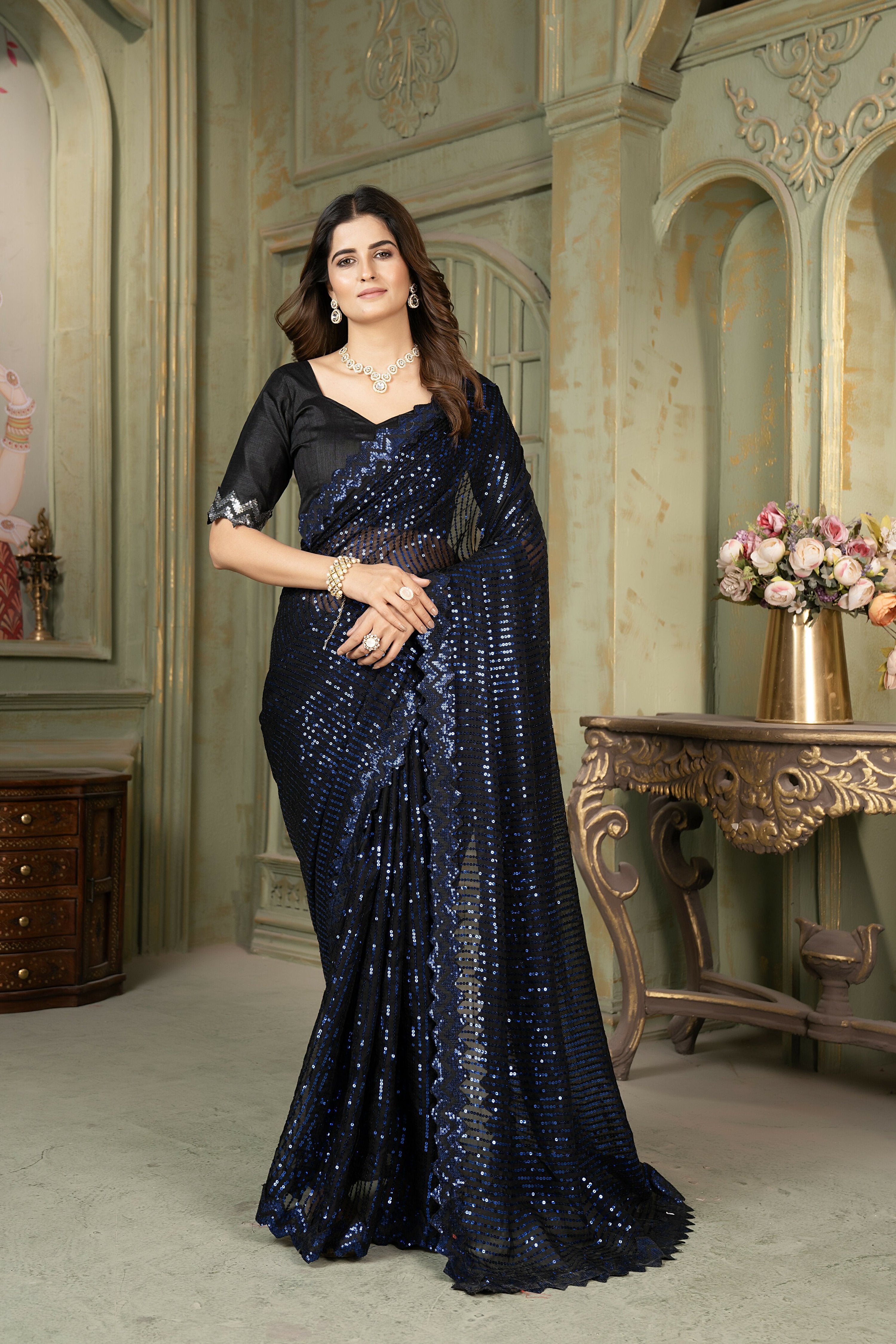 Dishitha Creation Indian Women's Designer Georgette Sequence Saree - Blue - Distacart