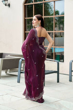 Thumbnail for Vastranavya Wine Embroidery Work Shimmer Chiffon Saree with Unstitched Blouse