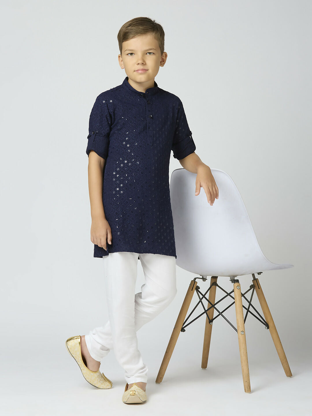 Joban Fashion Kids Island Full Sleeves Cotton Kurta and Pyjama Set with Sequin work - Navy Blue - Distacart