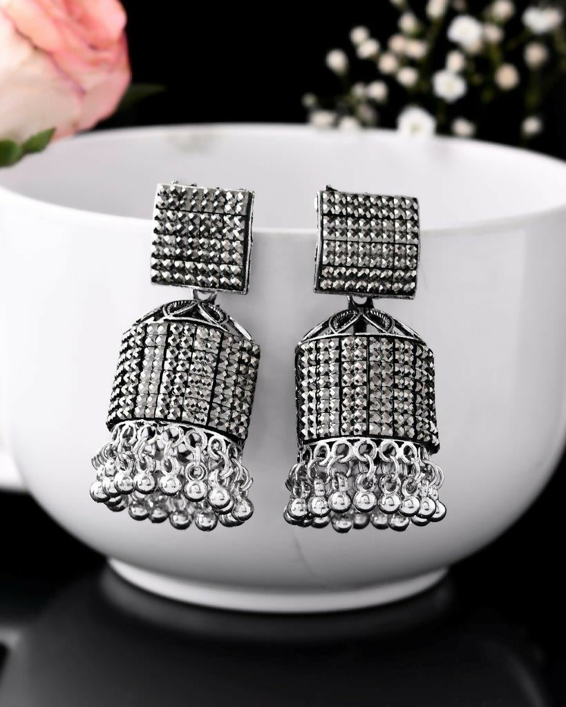 VOJ Black-Toned AD Studded Square Dome Shaped Jhumka Earrings - Distacart