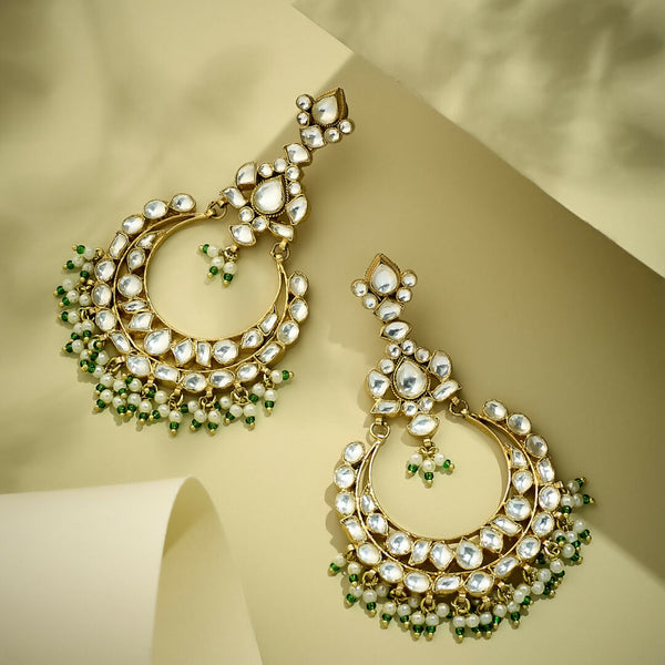 Nuyug 22K Gold-Plated Elegant Kundan Studded & Beaded Floral Chandbali Earrings