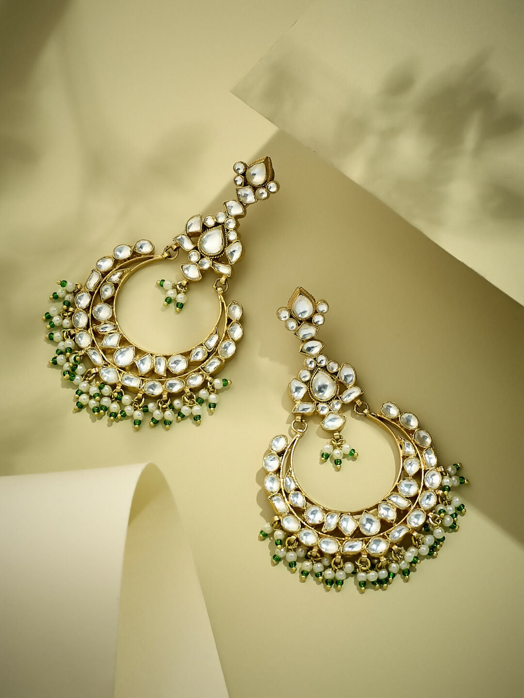 Nuyug 22K Gold-Plated Elegant Kundan Studded & Beaded Floral Chandbali Earrings - Distacart