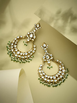 Nuyug 22K Gold-Plated Elegant Kundan Studded & Beaded Floral Chandbali Earrings