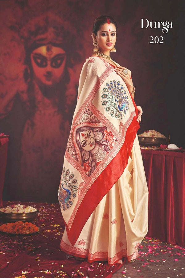 Joban Fashion Silk Blend Off White Color Garad Saree