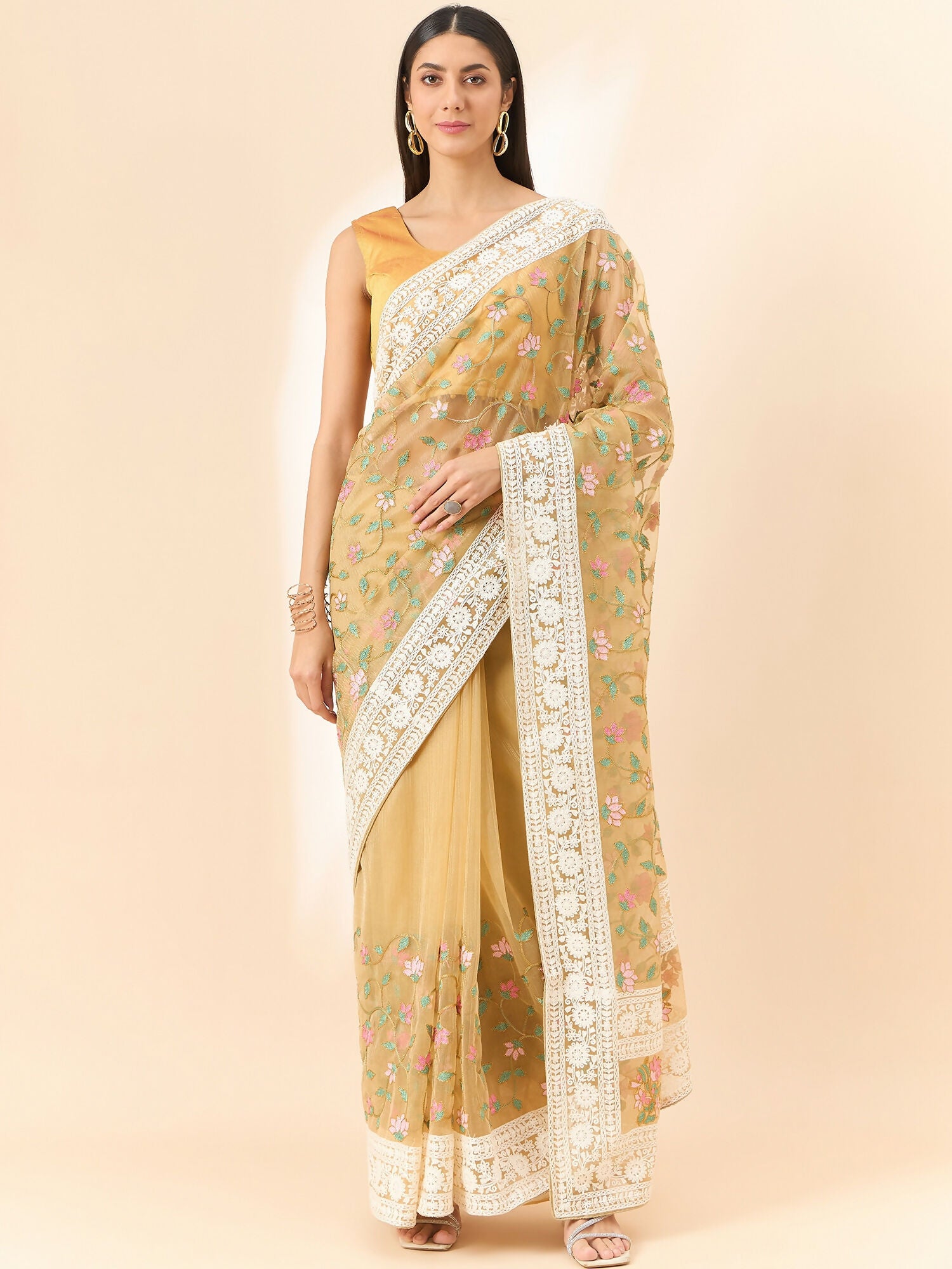Beige Organza Floral Embroidered Saree with Unstitched Blouse Piece - Roozal - Distacart