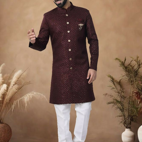 Joban Fashion Men's Maroon Straight Silk Thread & Sequence Embroidery All Over Indo-Western Kurta Set - Distacart