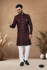 Thumbnail for Joban Fashion Men's Maroon Straight Silk Thread & Sequence Embroidery All Over Indo-Western Kurta Set - Distacart