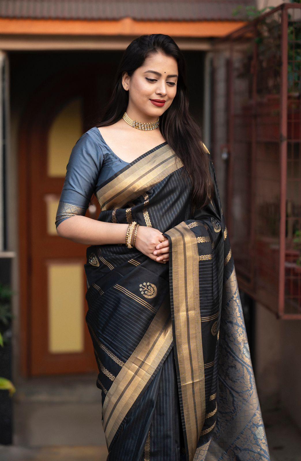 Blue Silk Woven Saree with Unstitched Blouse - Hiral Fashion - Distacart