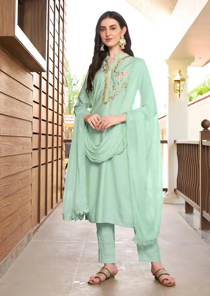 Nikhaar Light Green Embroidered Art Silk Straight Cut Readymade Pakistani Suit