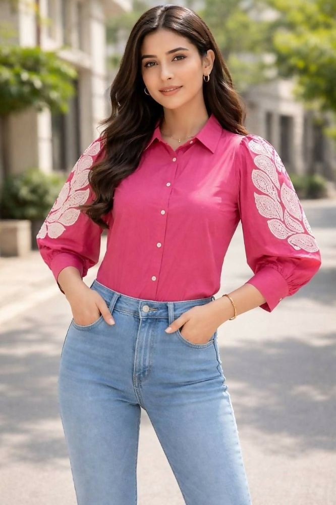 Teeya Creation Women Trendy Pink Cotton Button-Down Top with White Contrast Embroidered Sleeves - Dista