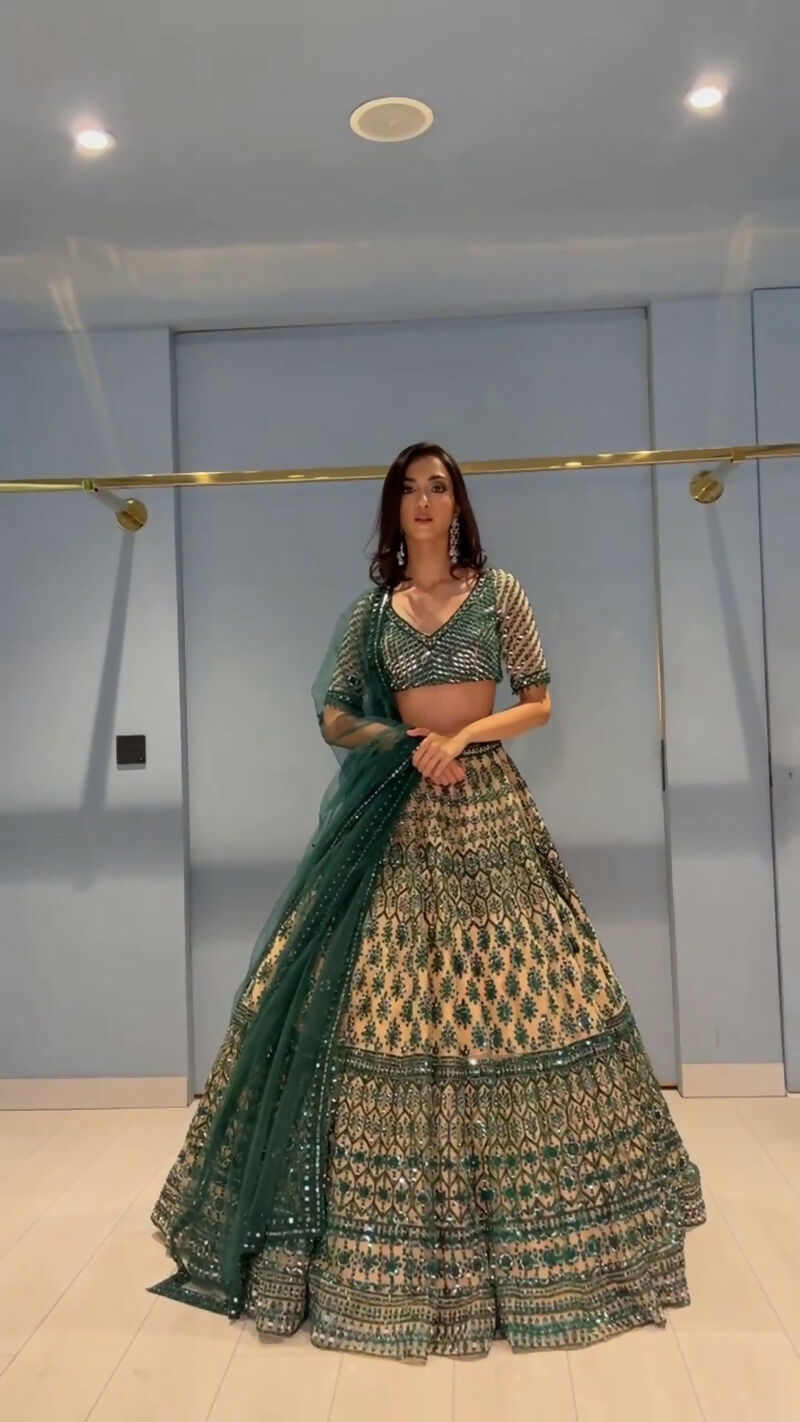 Jyoti Fashion Teal Green & Cream 3mm with Thread Embroidery Georgette Lehenga Choli with Dupatta - Distacart