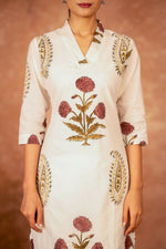 Thumbnail for Joban Fashion Off White Red Floral Hand Block Printed Cotton Kurta Pant Set - Distacart