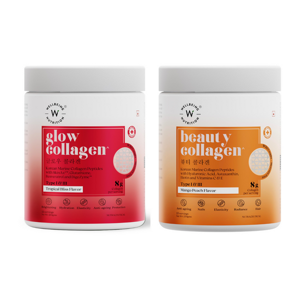Wellbeing Nutrition Glow Korean Marine & Beauty Collagen Combo: Tropical Bliss & Mango Peach Flavor - Distacart