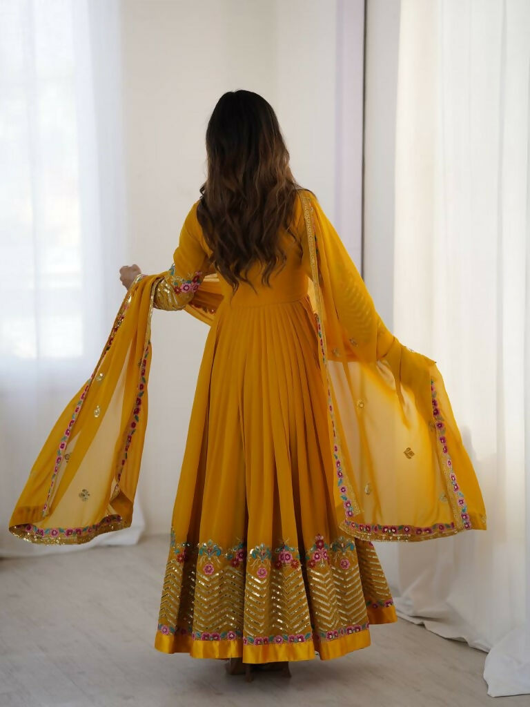 Teeya Creation Yellow Color Heavy Georgette Wedding Wear Embroidery Work Long Gown