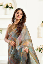 Thumbnail for Joban Fashion Dusty Green Floral & Ethnic Motifs Linen Ready To Wear Saree With Unstitched Blouse - Distacart