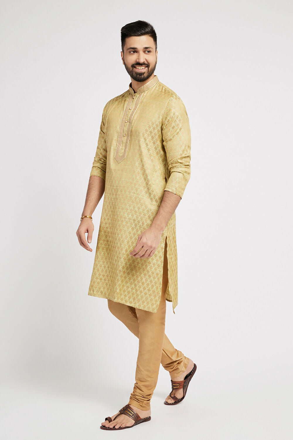 Ethnic India Green Men's Kurta Woven Design Polyester - Distacart