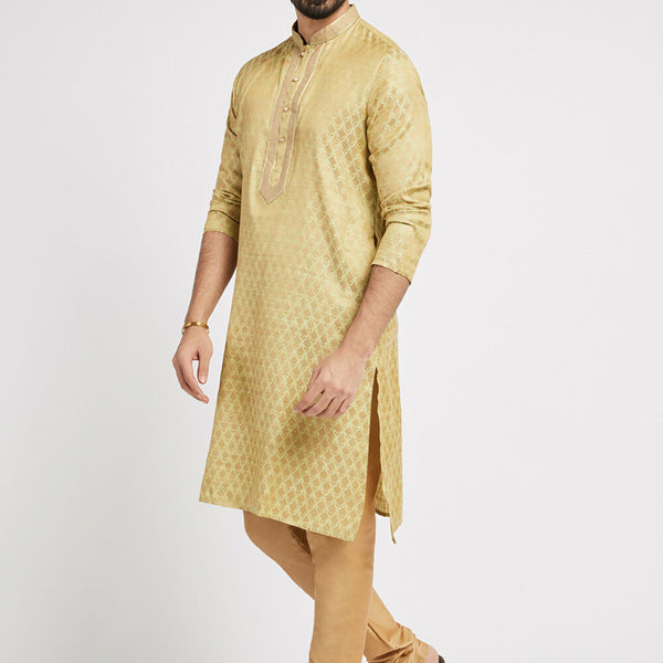 Ethnic India Green Men's Kurta Woven Design Polyester - Distacart