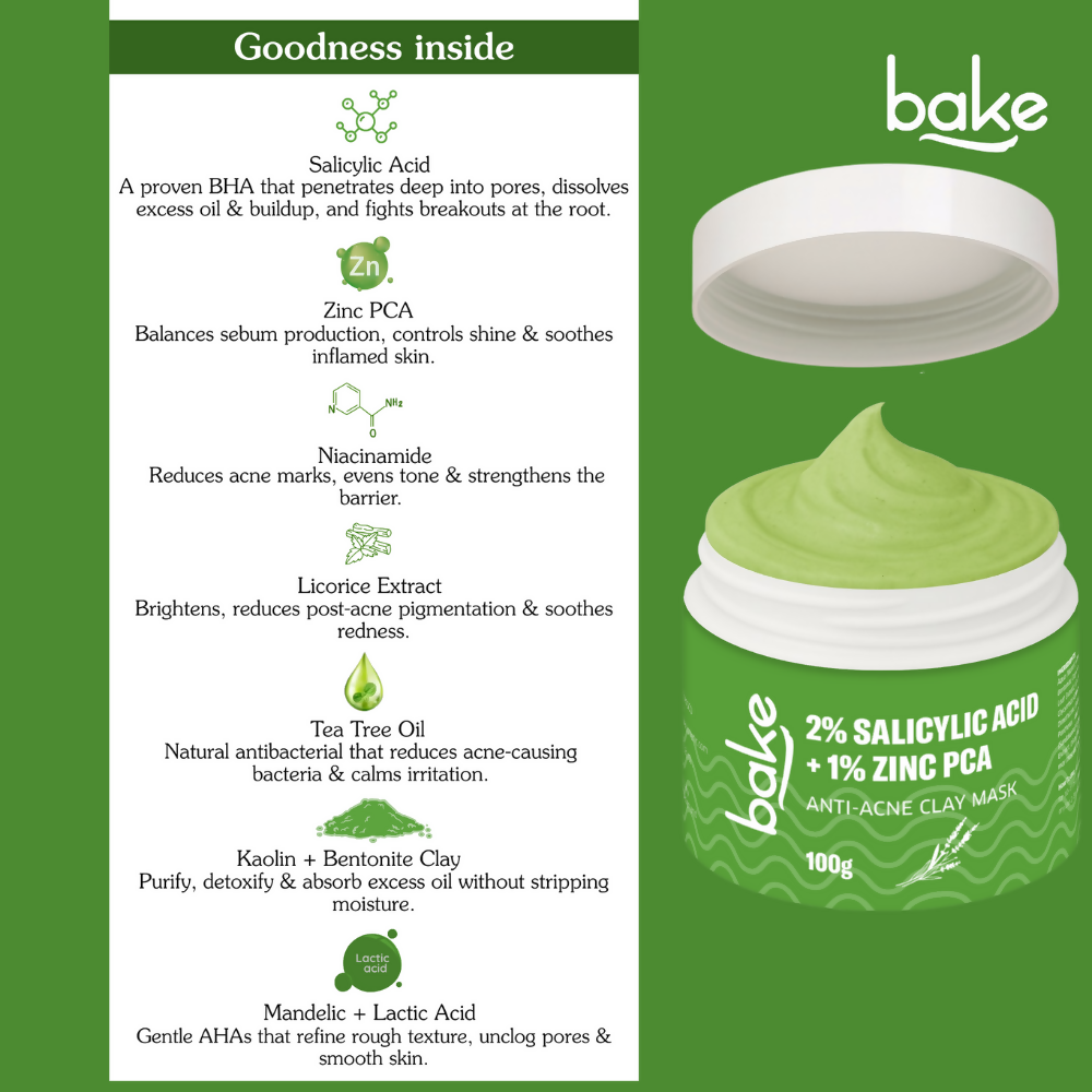 Bake 2% Salicylic Acid + Zinc PCA Anti-Acne Clay Mask - Combo - Distacart