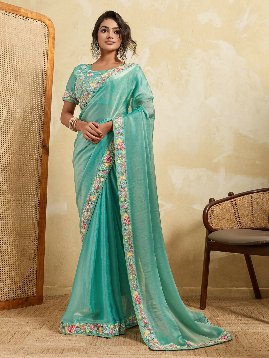 Teeya Creation New Stylish Trendy Party Wear Saree-Aqua_Blue - Dista