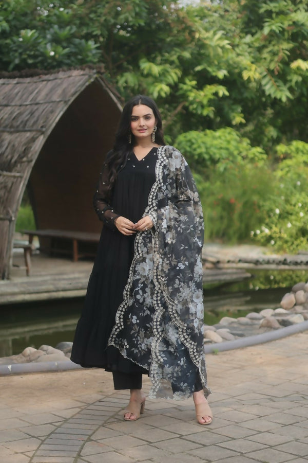 Jyoti Fashion Women's Black Faux Blooming Butti Work Kurta with Trouser & Dupatta - Distacart