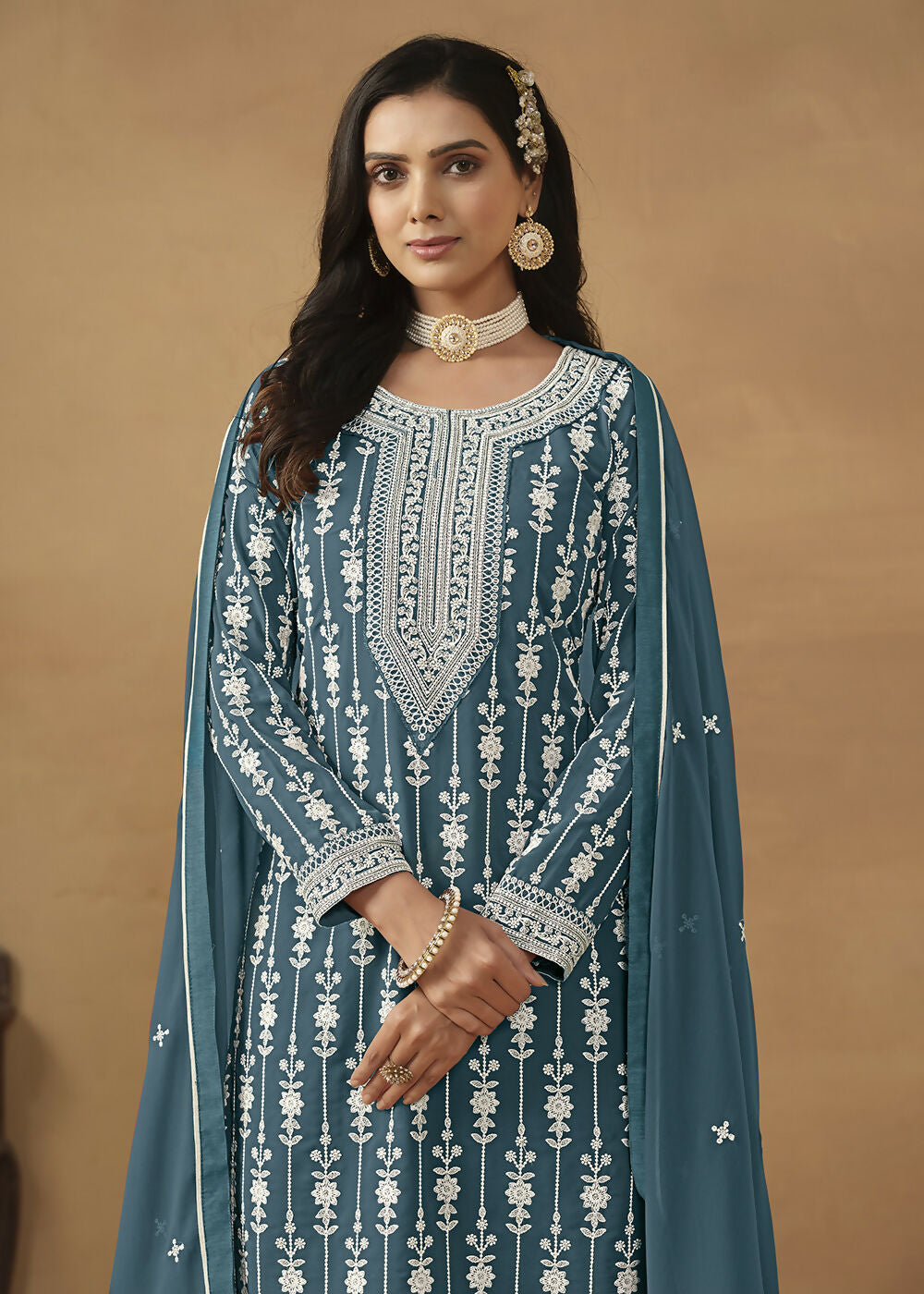 Radiant Teal Embroidered Wedding Festive Gharara Suit - Emponline - Distacart