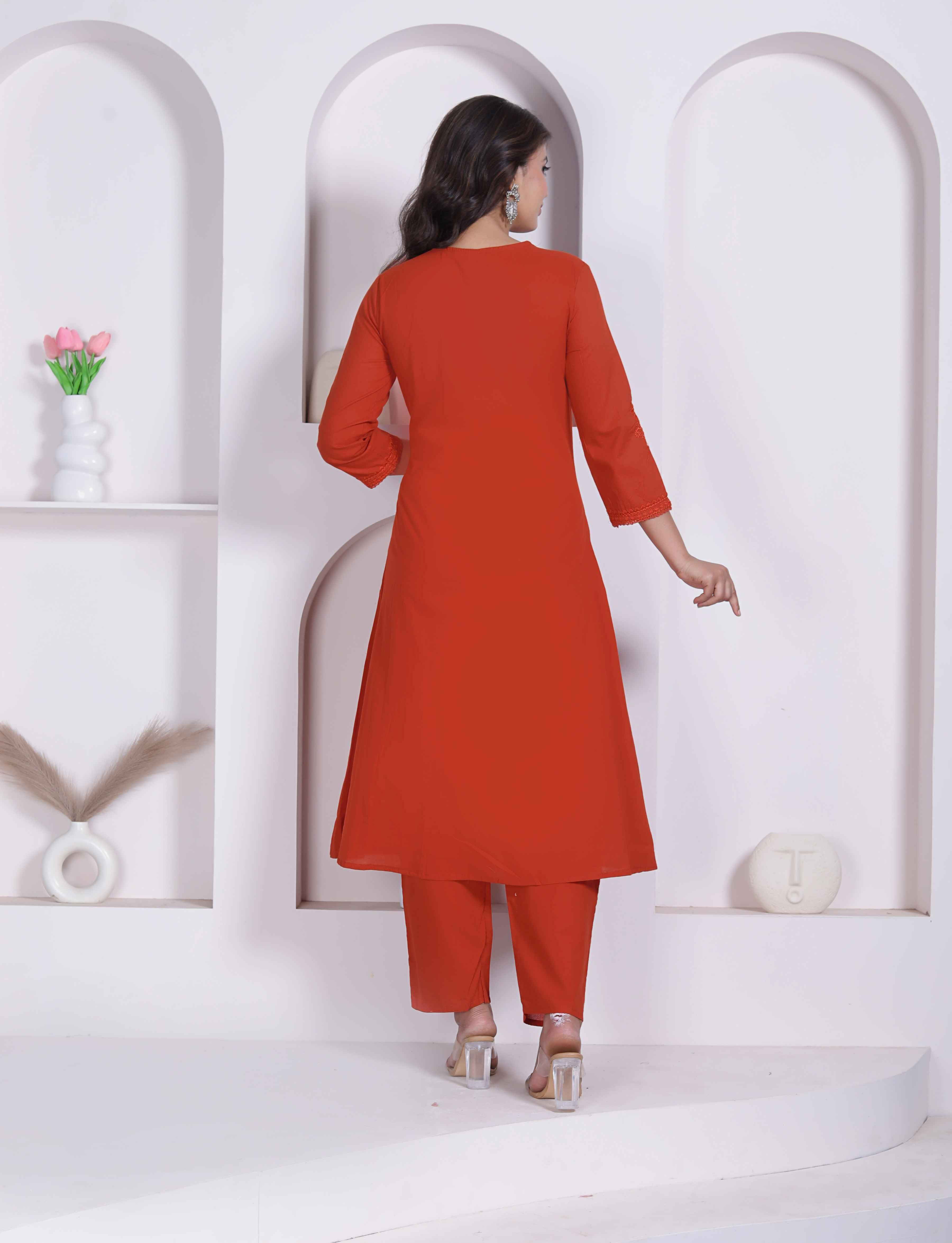Miravan Womens Rust Floral Printed Angrakha Style Kurta With Palazzo - Dista