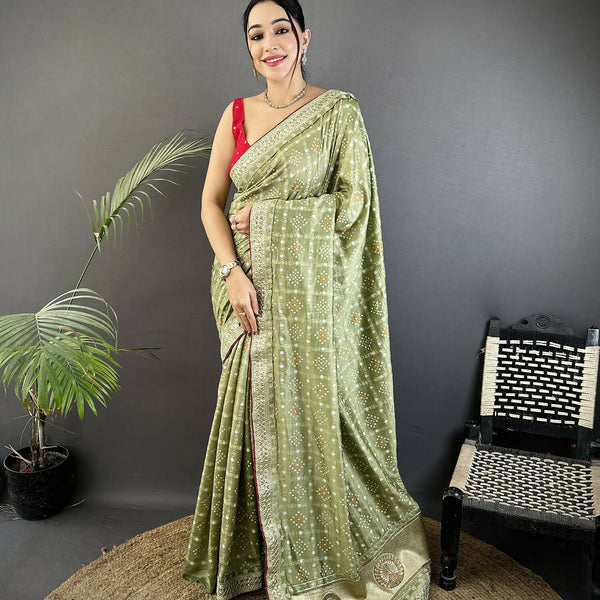 Joban Fashion Mehendi Green Bandhej Bandhani Vichitra Silk Bandhani Prints Saree