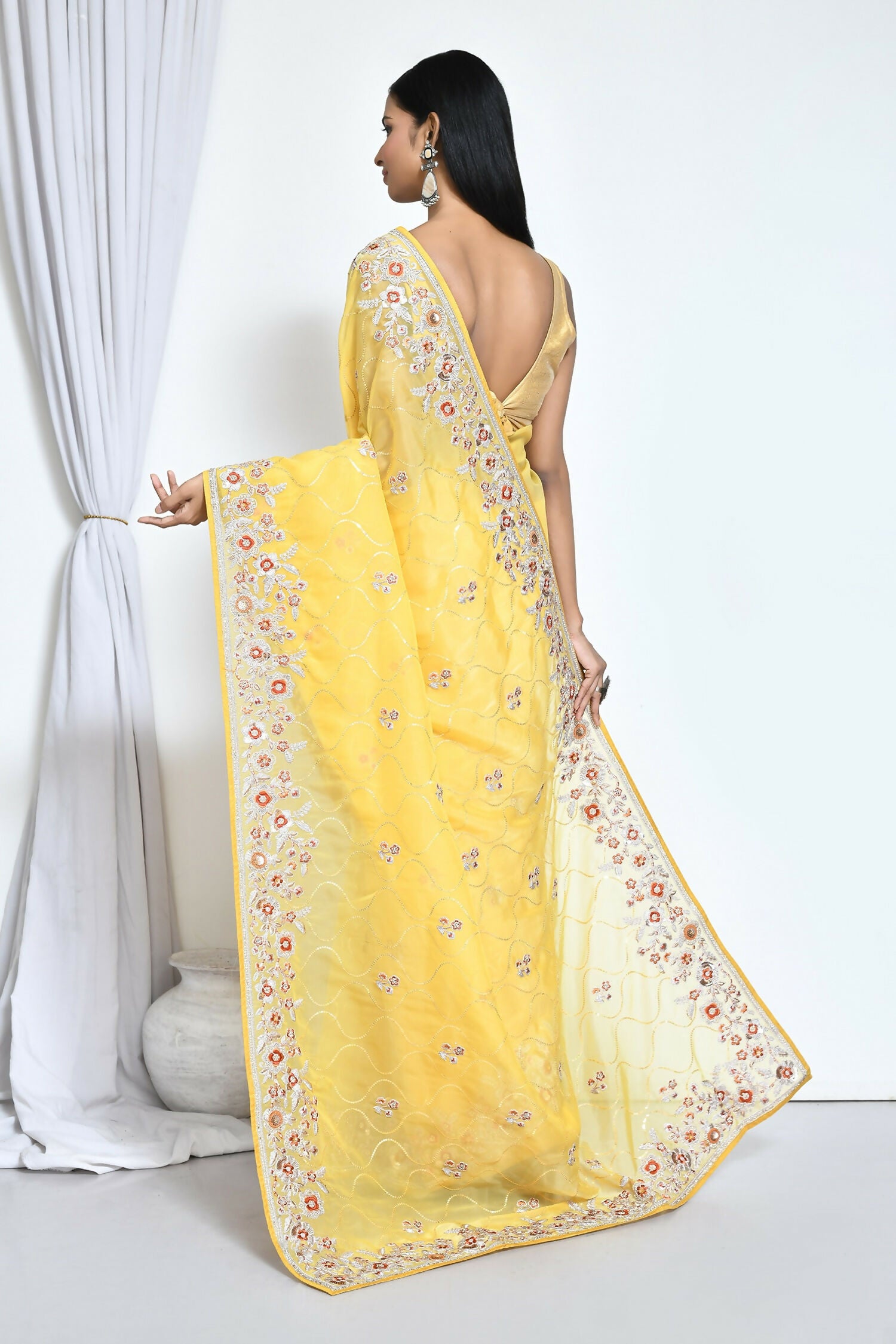 Yellow Organza Satin Silk Sequence Embroidered with Stone work Saree - Nimaya Benzy - Distacart