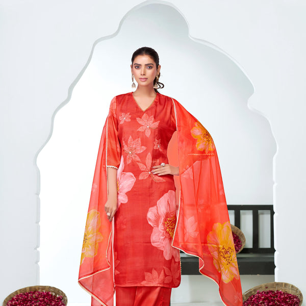 BulBul Farida Red Silk Kurta Set with Dupatta