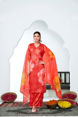 BulBul Farida Red Silk Kurta Set with Dupatta