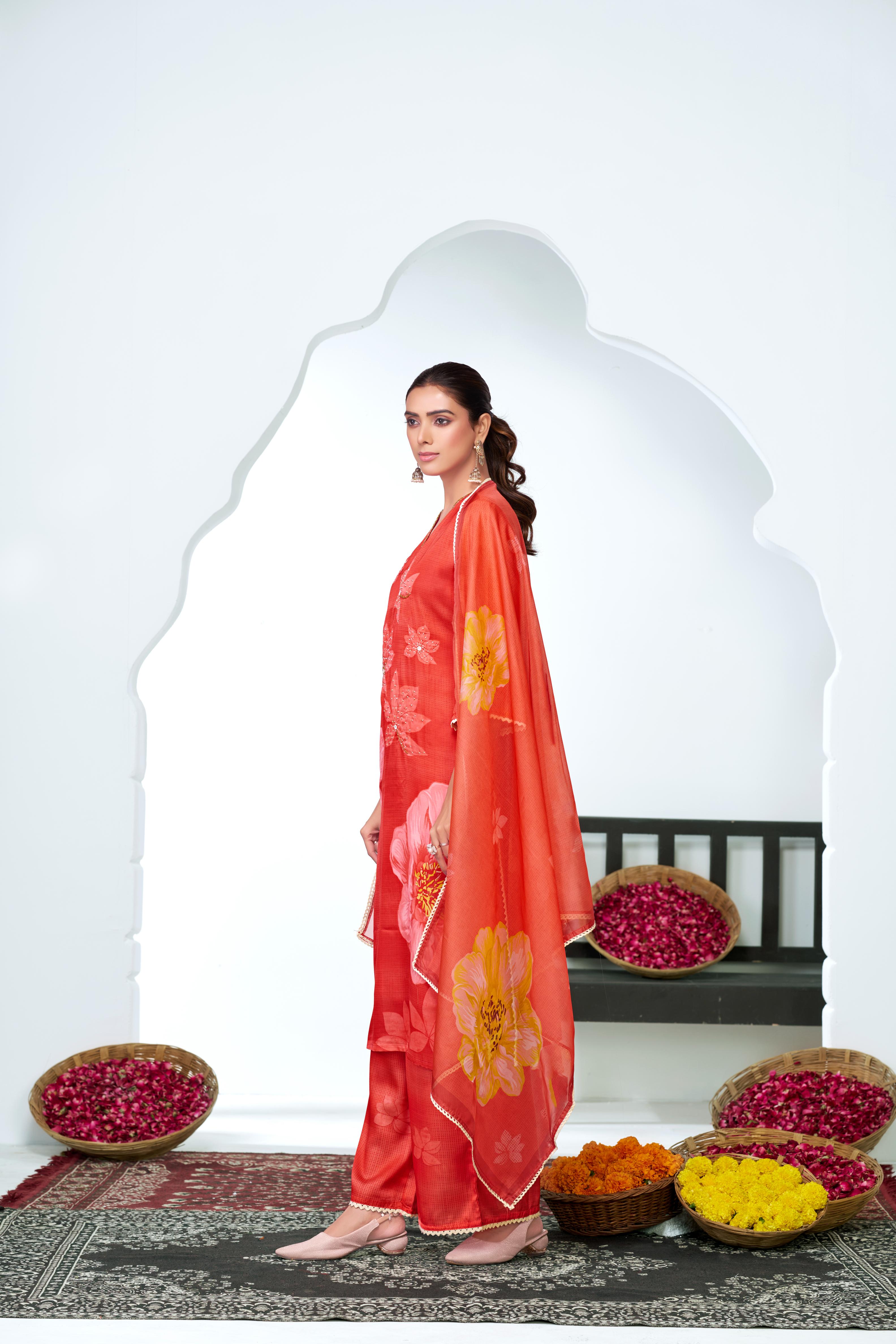 BulBul Farida Red Silk Kurta Set with Dupatta