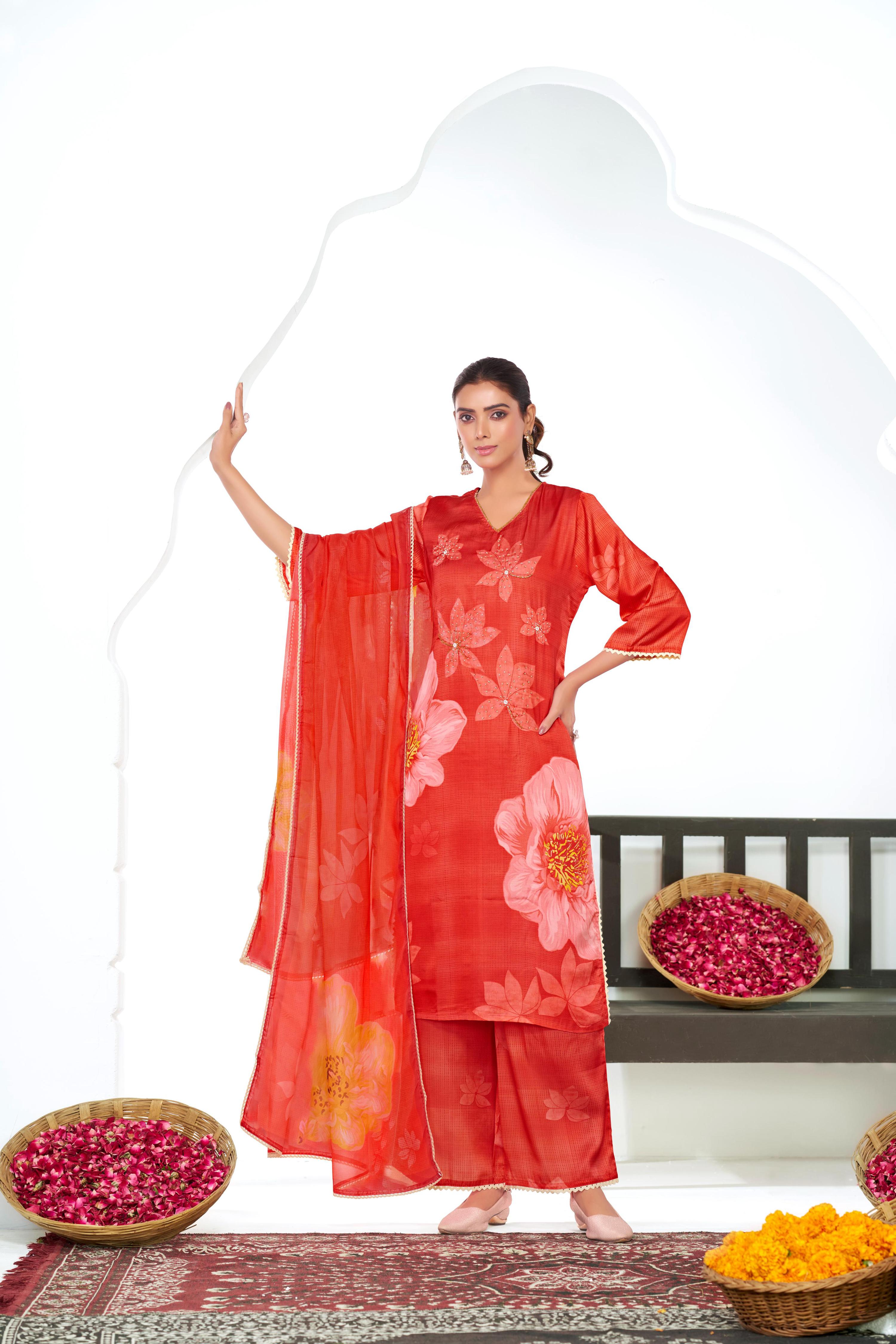 BulBul Farida Red Silk Kurta Set with Dupatta