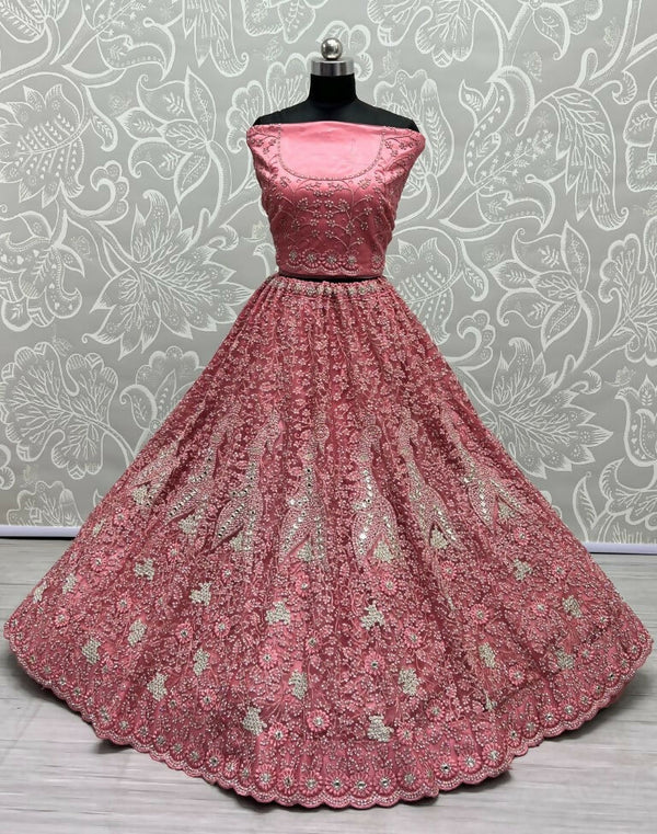 Jyoti Fashion Women's Pink Bridal Net Fancy Dori, Multi Thread, Hand Mirror and Diamond Work Wedding Lehenga Choli - Distacart