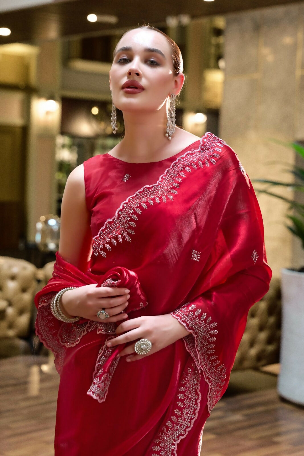 Vastranavya Red Embroidery Work Shimmer Chiffon Saree with Unstitched Blouse
