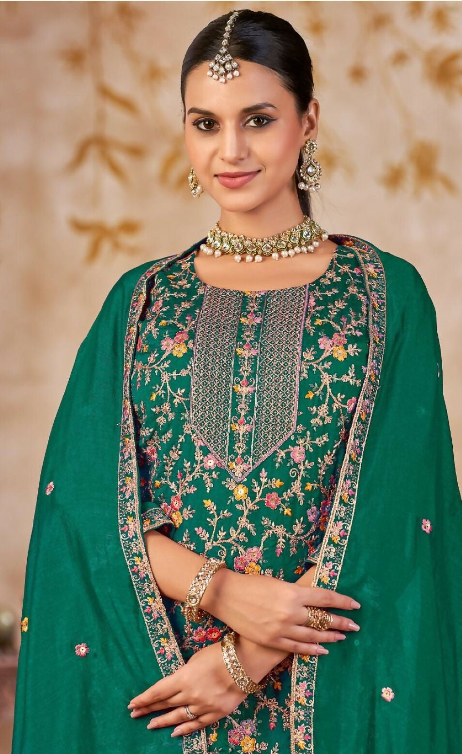 Anaita Emerald Green Vichitra Silk Readymade Palazzo Suit with Embroidery & Lace Work - Distacart