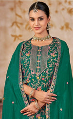 Thumbnail for Anaita Emerald Green Vichitra Silk Readymade Palazzo Suit with Embroidery & Lace Work - Distacart