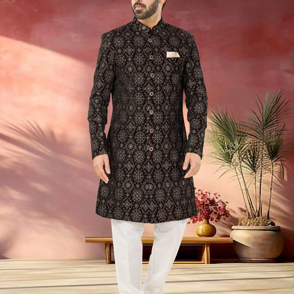 Joban Fashion Men's Marron Base Straight Velvet Thread And Sequence Embroidary All Over Indo-Western Kurta Set - Distacart
