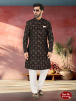 Thumbnail for Joban Fashion Men's Marron Base Straight Velvet Thread And Sequence Embroidary All Over Indo-Western Kurta Set - Distacart