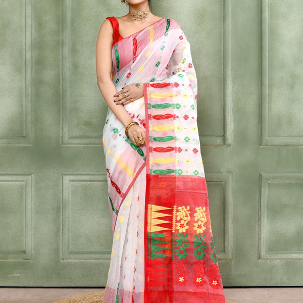 Piyari Fashion Women's White Embellished Cotton Blend Jamdani Saree - Distacart