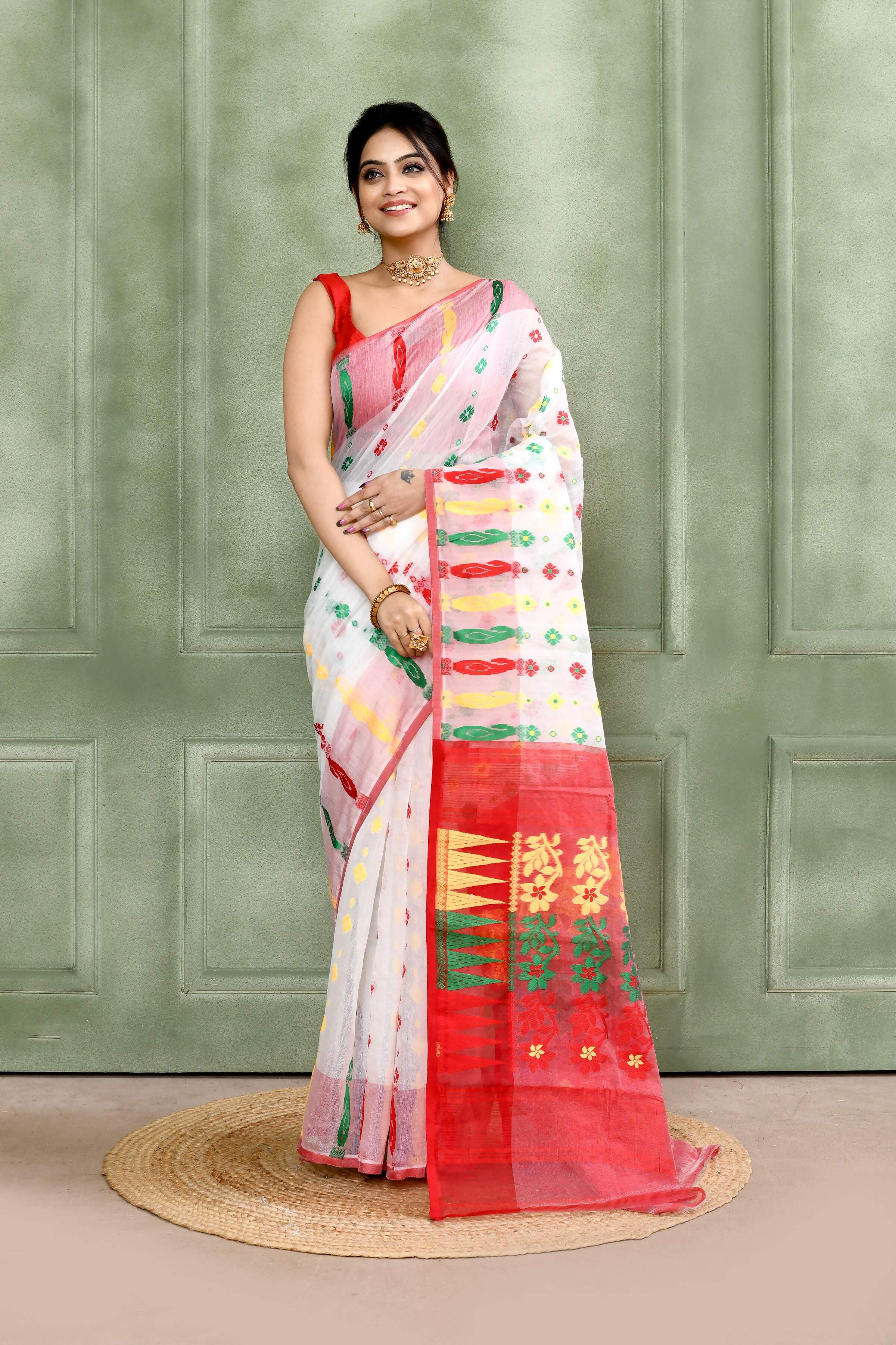 Piyari Fashion Women's White Embellished Cotton Blend Jamdani Saree - Distacart