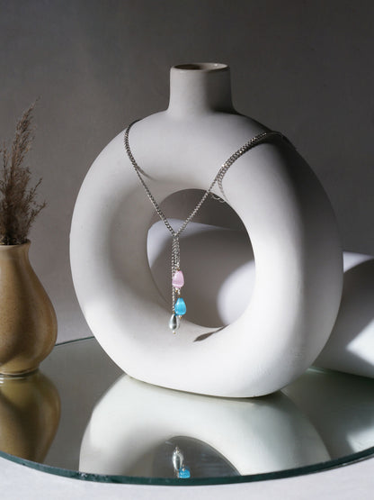 Long Silver Neckpiece with Multi Stones (silver) - Ruby Raang - Distacart